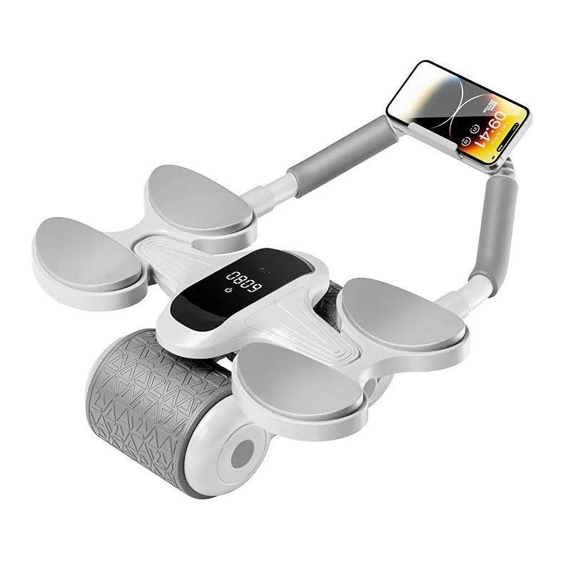 White fitness roller equipment with LED timing screen for abdominal workouts