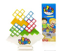 Plastic balance stacking board game with 16 colourful blocks on chassis and base