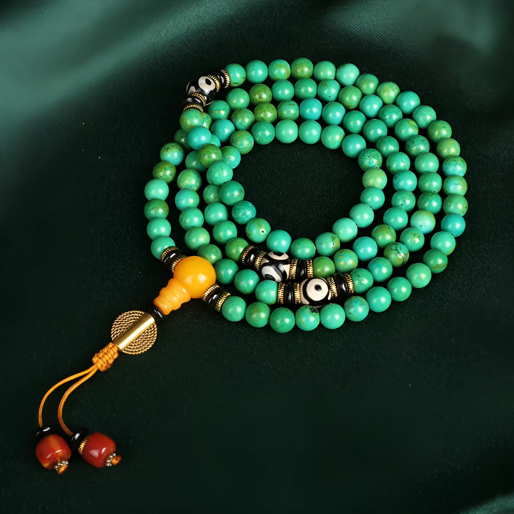 Natural turquoise stone bracelet with 108 polished 8mm round beads in national style design