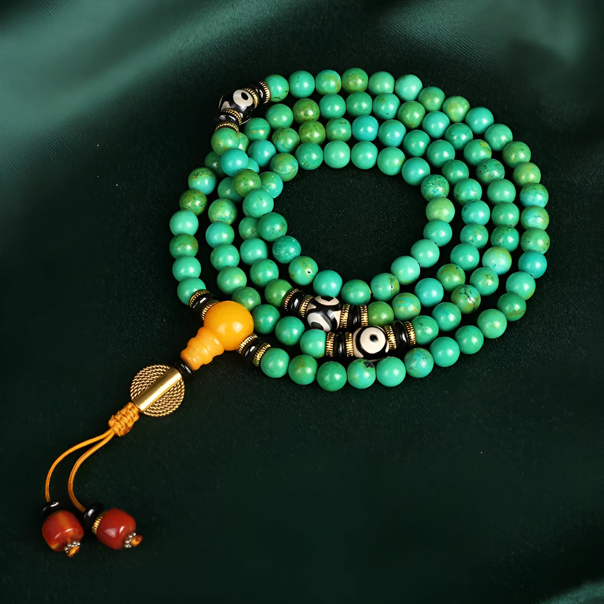 Natural turquoise stone bracelet with 108 polished 8mm round beads in national style design