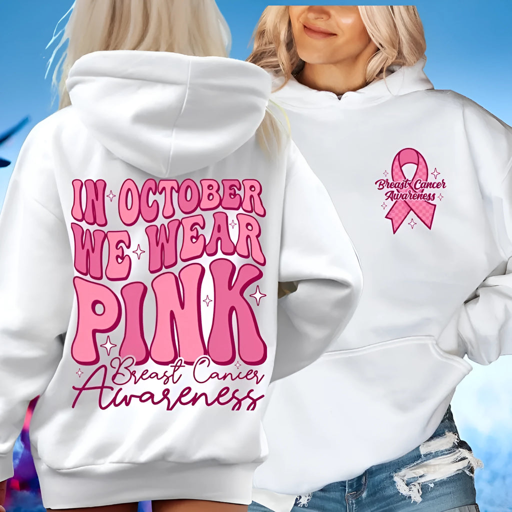 Breast cancer awareness pullover hoodie with retro art print in pink, featuring side seam pockets.
