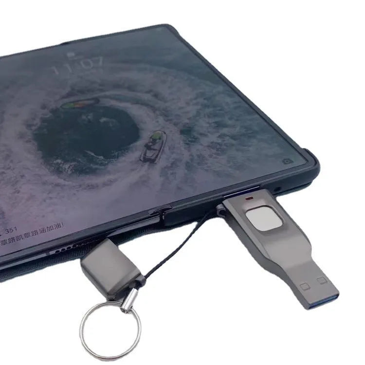 Black metal fingerprint encrypted USB flash drive with USB 3.0 and Type-C connectors.