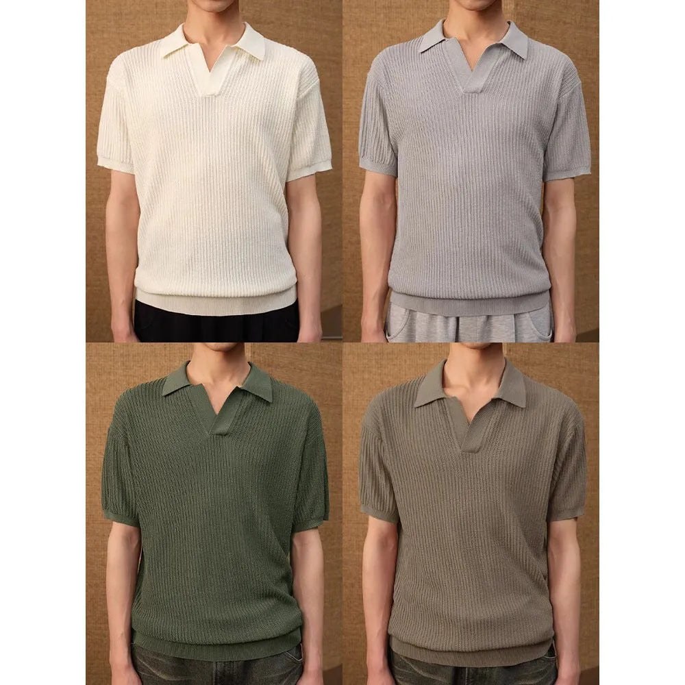 Men's creamy-white loose fit polo shirt with striped collar and short sleeves.