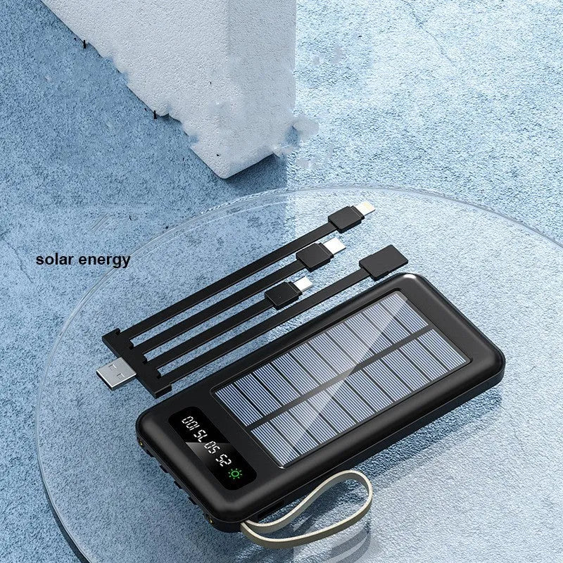 Cool black solar power bank with integrated solar panel showing capacity label and USB port.