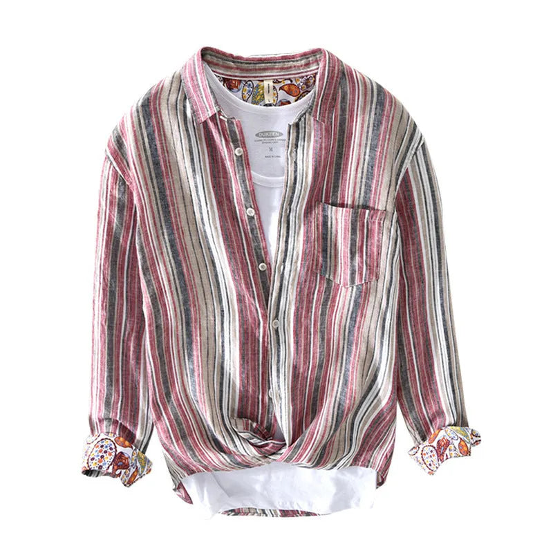 Men's striped linen casual shirt in grey colour with loose fit design and long sleeves