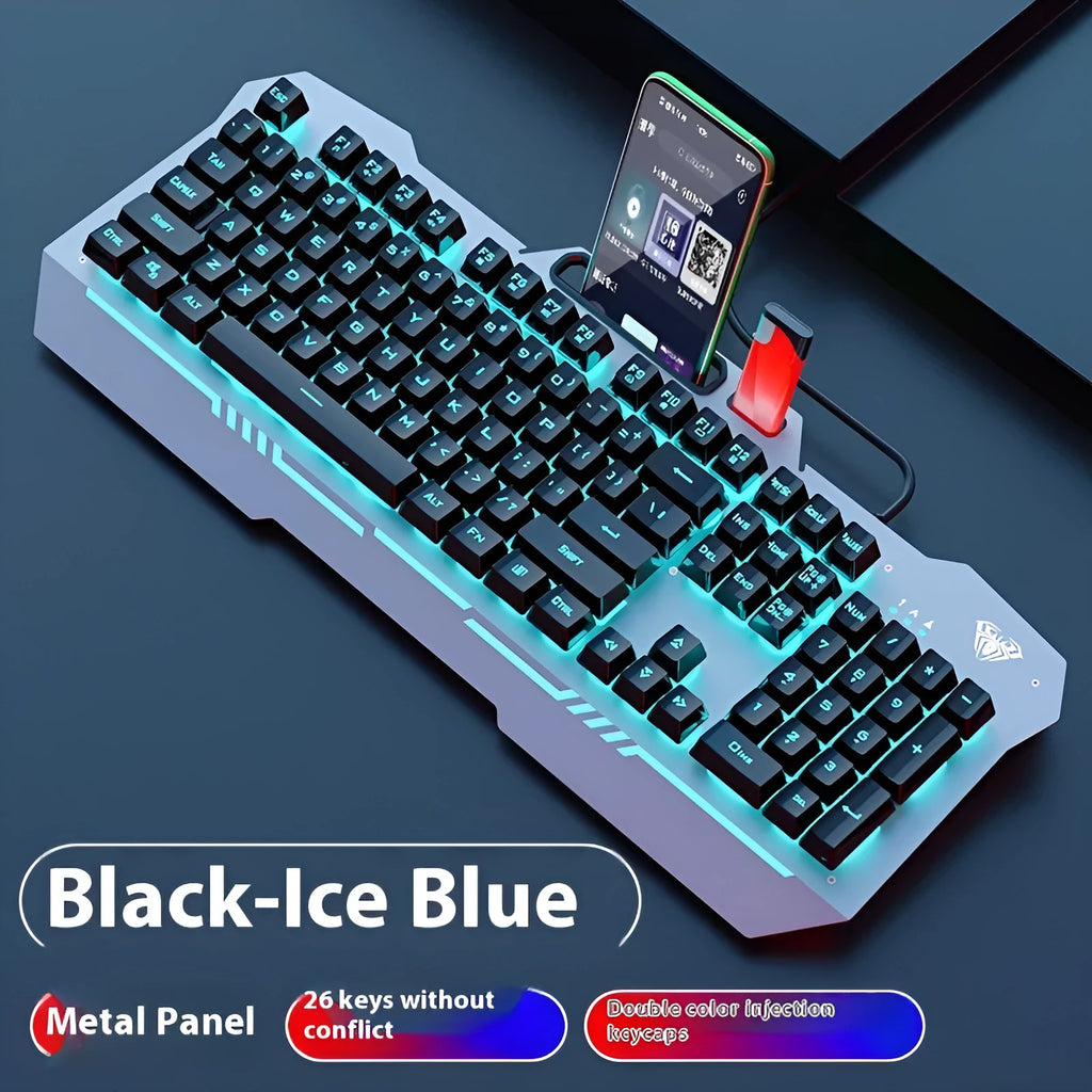Black and white wired keyboard mouse and headset bundle with RGB LED backlighting on desk