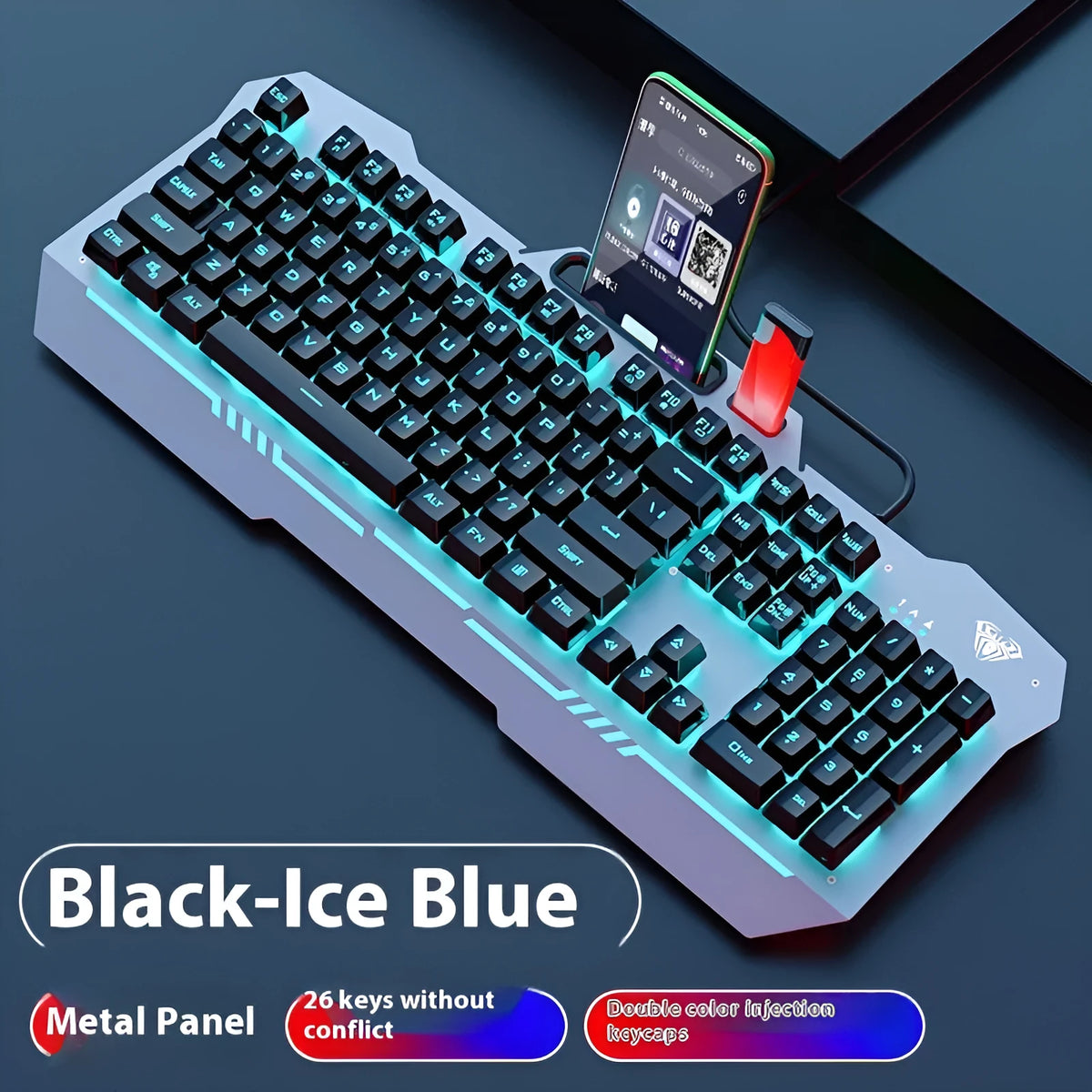 Black and white wired keyboard mouse and headset bundle with RGB LED backlighting on desk