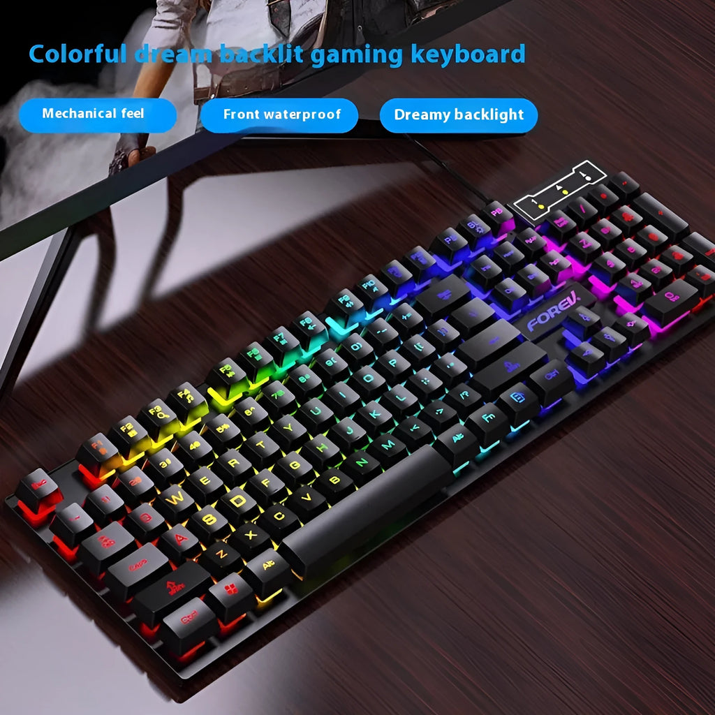 Black 104-key gaming keyboard with backlit keys on a desktop setup