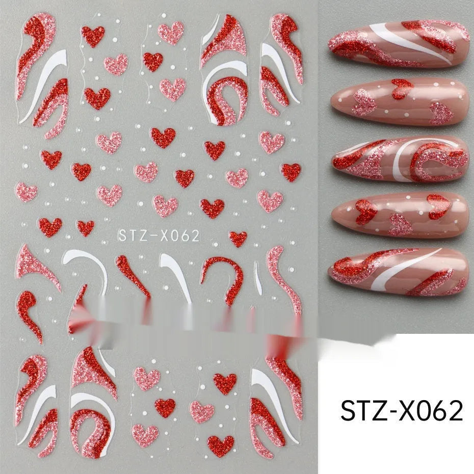 Cartoon love pattern nail art sticker decals in black and silver colours on a plastic sheet.