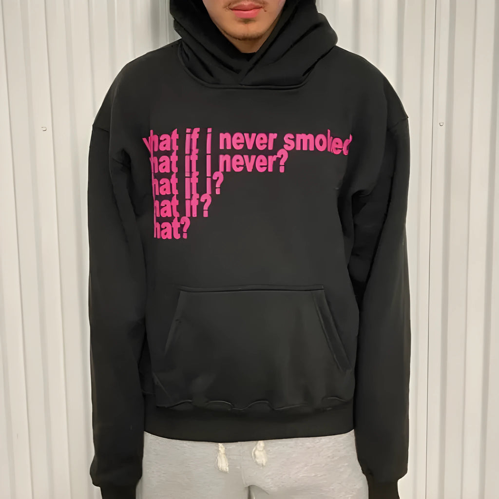 Black hooded sweater with white letter print design, modelled on person
