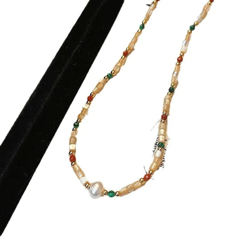 Women's pearl necklace with geometric pendant on a 41-50cm zinc alloy clavicle chain, available in freshwater pearl and apricot shell options