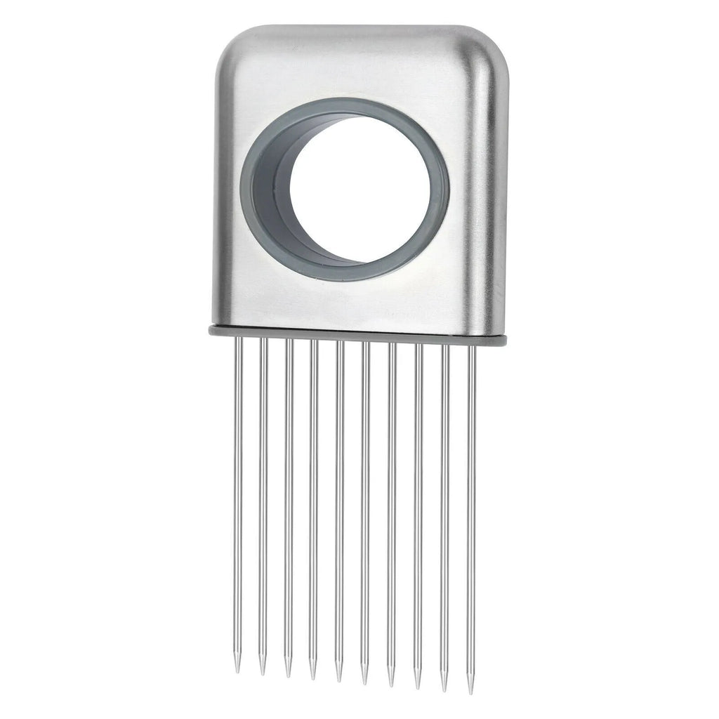 Stainless steel and plastic food slicer holder for onions and tomatoes on a kitchen worktop