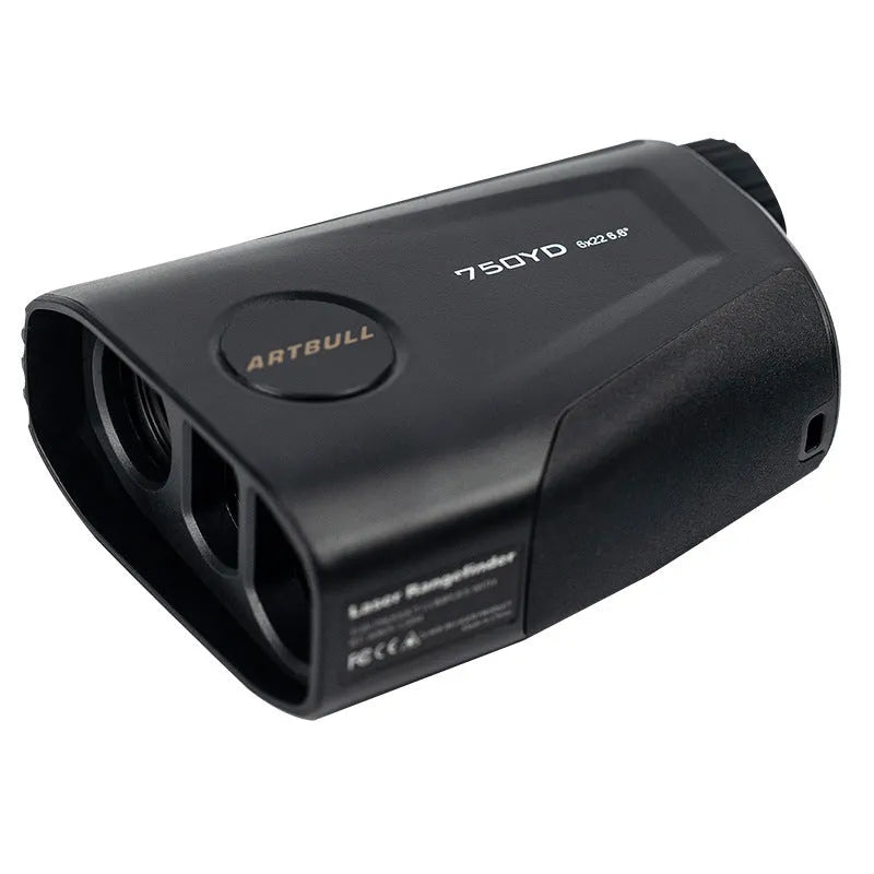 Rechargeable golf laser rangefinder with LCD display showing 750 yard range and flag lock vibration feature