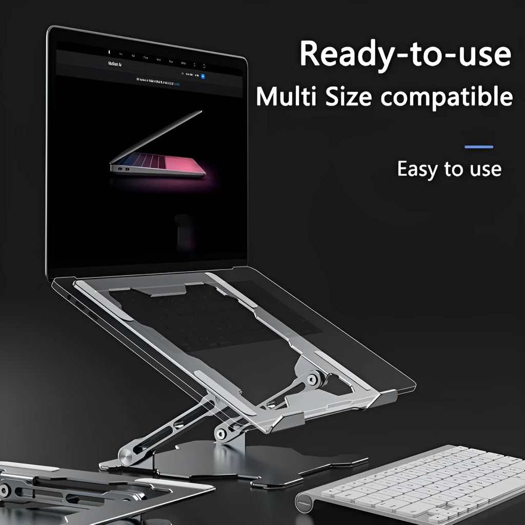 Grey aluminium adjustable laptop stand folded and unfolded on a wooden desk