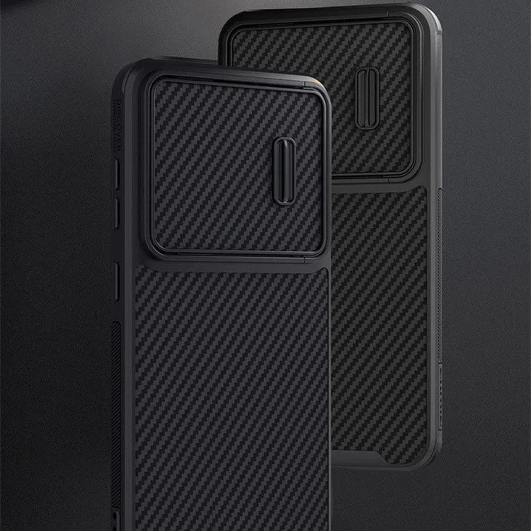 Black Samsung S23 Ultra phone case with a sliding lens cover over the camera module.