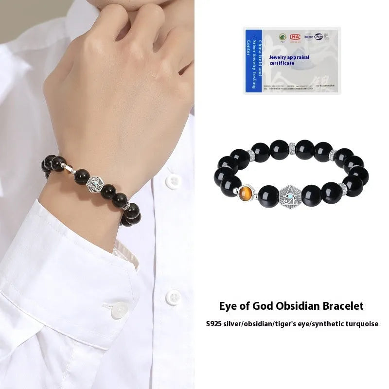 Men's geometric S925 sterling silver bracelet with a central God's Eye obsidian stone inlay.