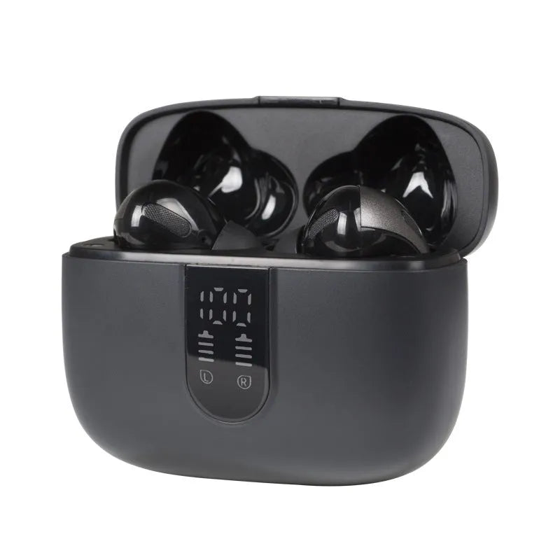 Jerry X08 black wireless earbuds with digital display and USB charging case.