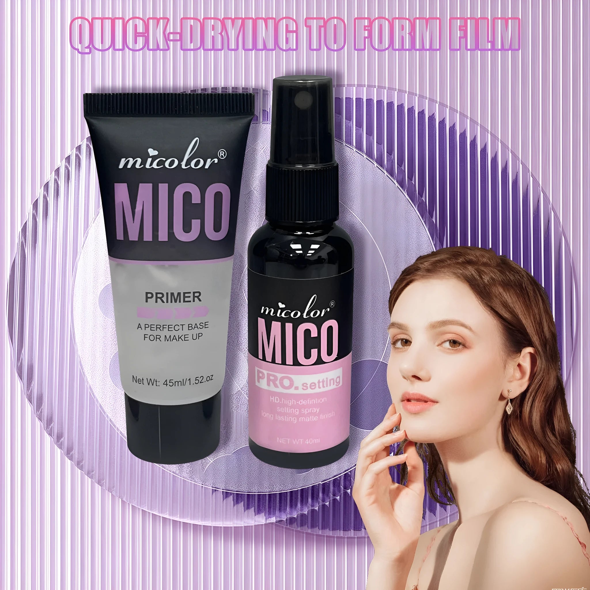 Makeup primer and finishing spray two-in-one set with 40ml lotion and 45ml mist spray bottles