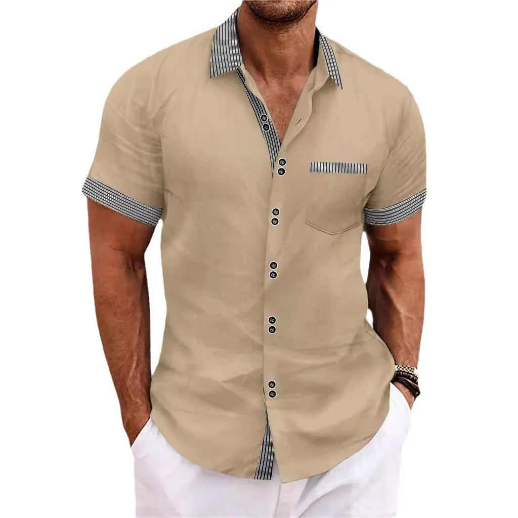 Slim fit striped casual shirt in pure cotton on a hanger, showing double-button detail.