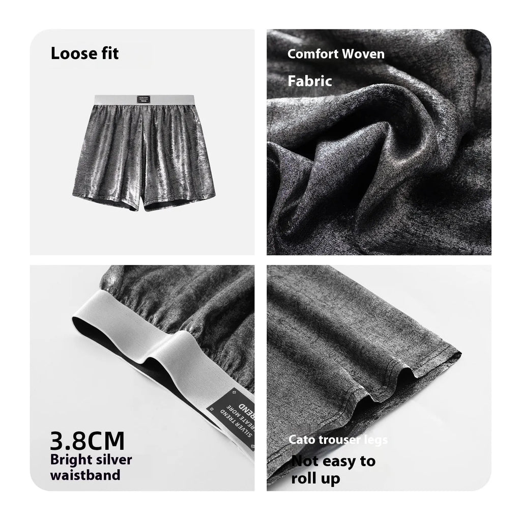 Galaxy reflective bright silver casual woven underwear in polyester fabric with loose fit sports design