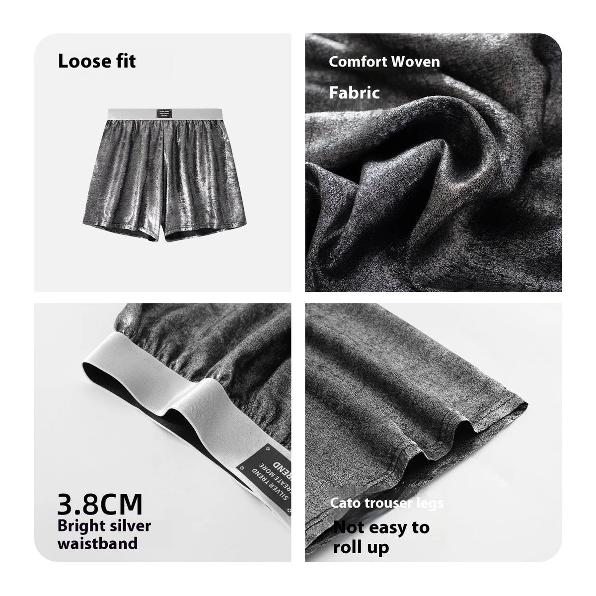 Galaxy reflective bright silver casual woven underwear in polyester fabric with loose fit sports design