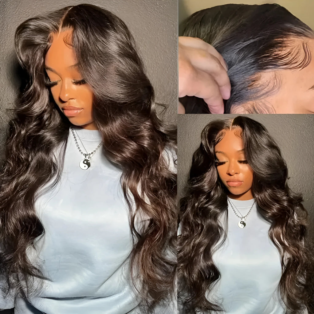 Women's dark brown long curly lace front wig with side bangs made from high temperature fiber