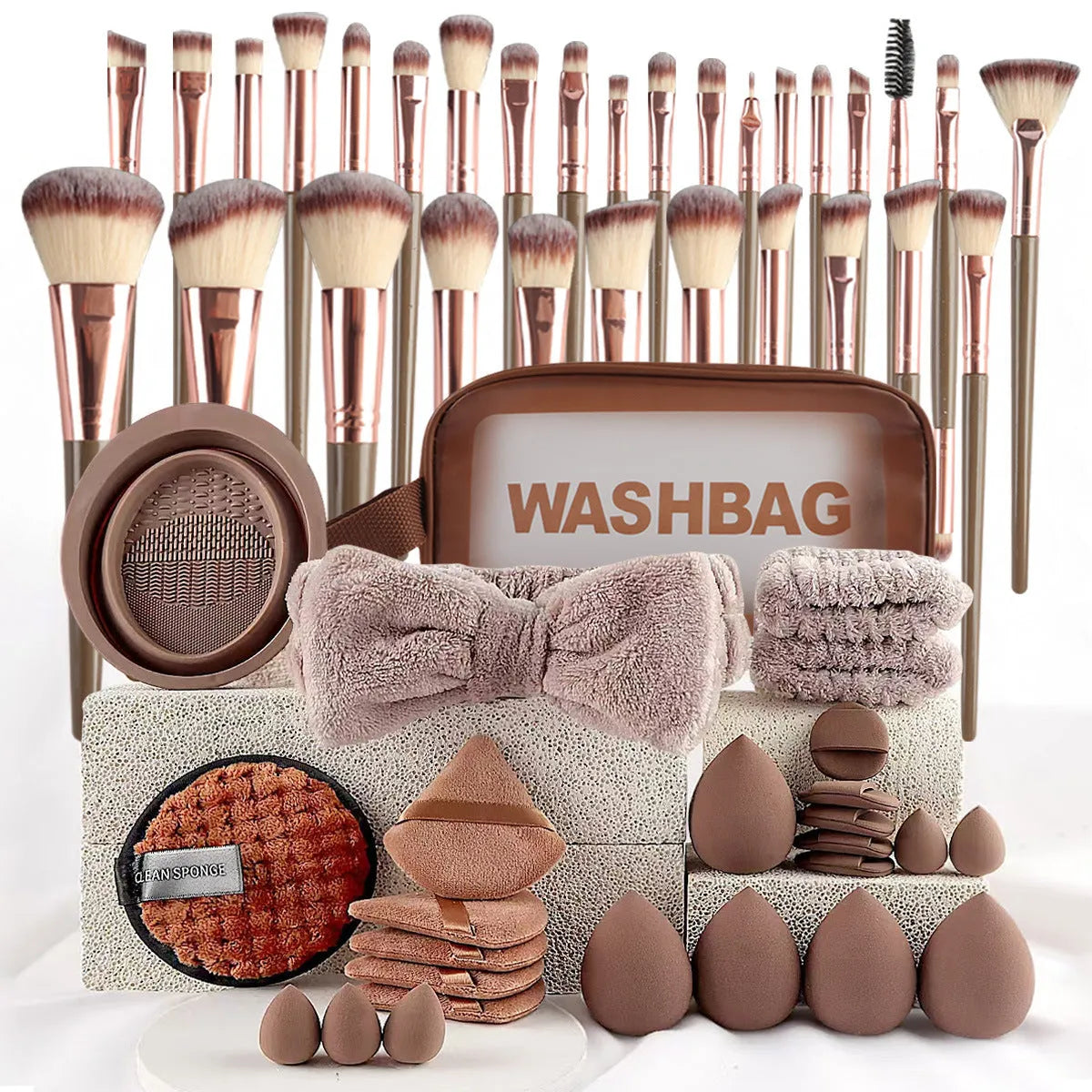 Hydrophilic non-latex beauty tools set in brown, pink and purple colours for facial cleansing and makeup