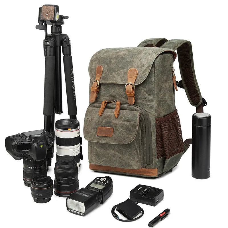 Canvas DSLR camera backpack in khaki colour with backpack straps and main compartment.