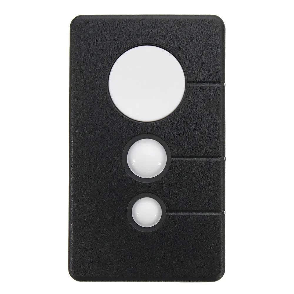 Black three-button garage door remote control with 390 MHz frequency.