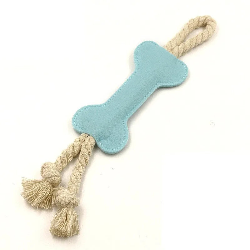 Bone shaped dog chew toy with rope knot construction in blue colour on white background