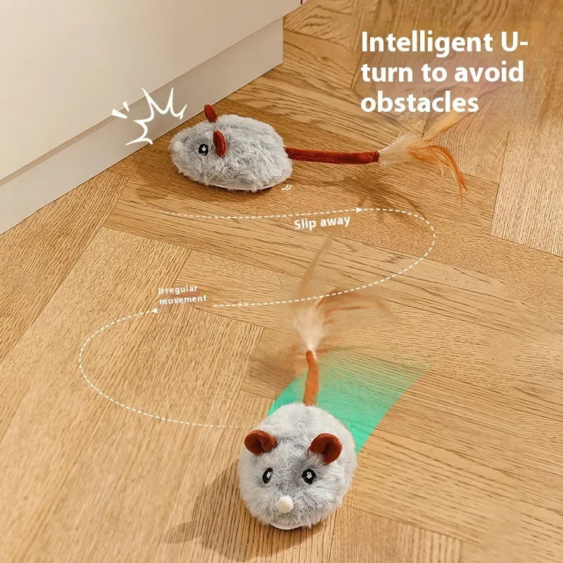 Electric cat toy with rotating plush mouse on telescopic pole showing pink, purple and dark grey colour options