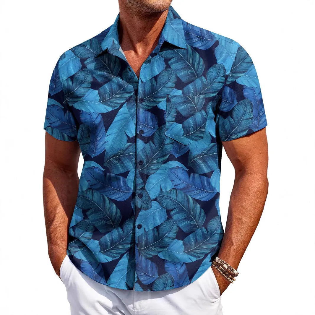 Men's slim fit cardigan-style short sleeve shirt in elastic polyester fabric