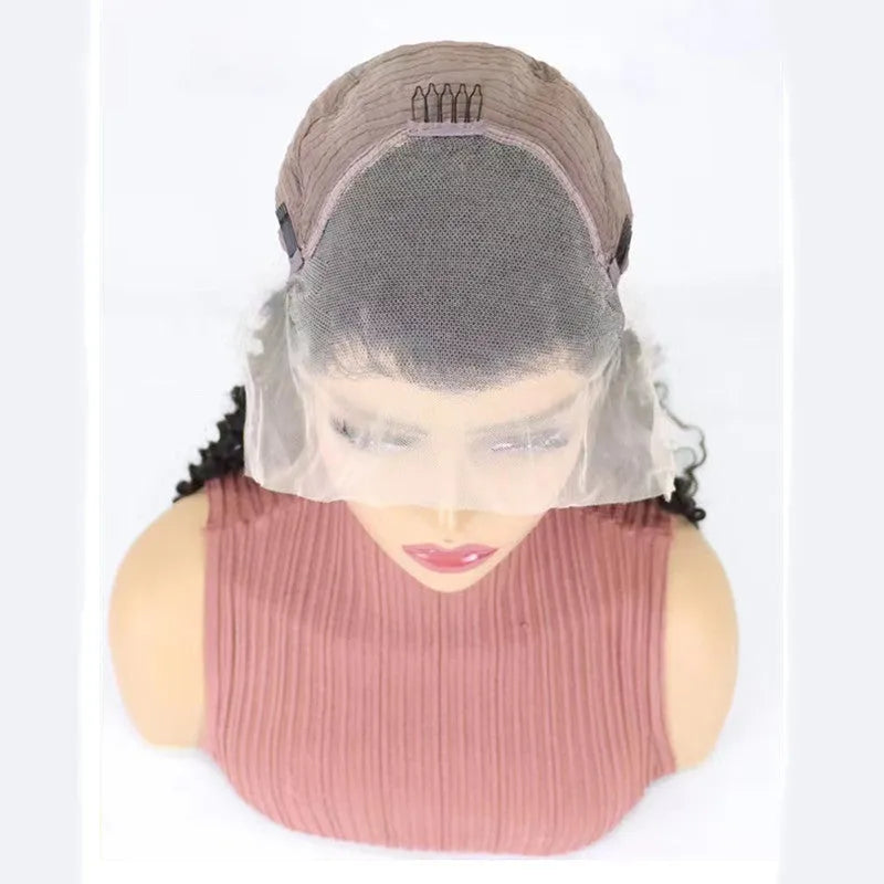 Solid colour human hair half lace wig displayed on a stand, showing its length and hand-woven construction.