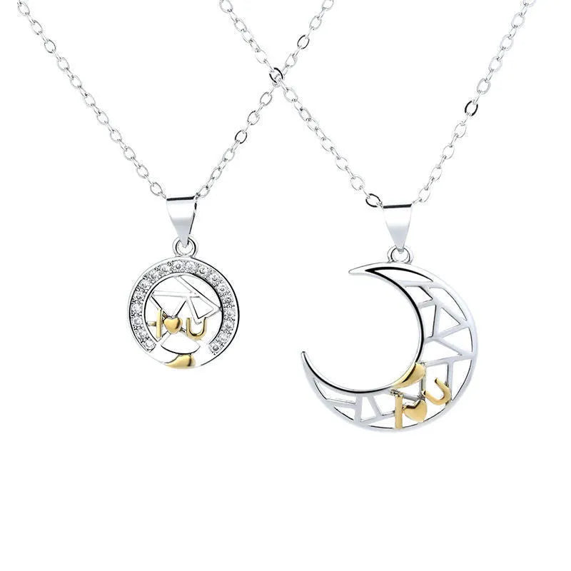 Sun Moon Tooth Couple Necklace showing electroplated copper pendant with cross chain