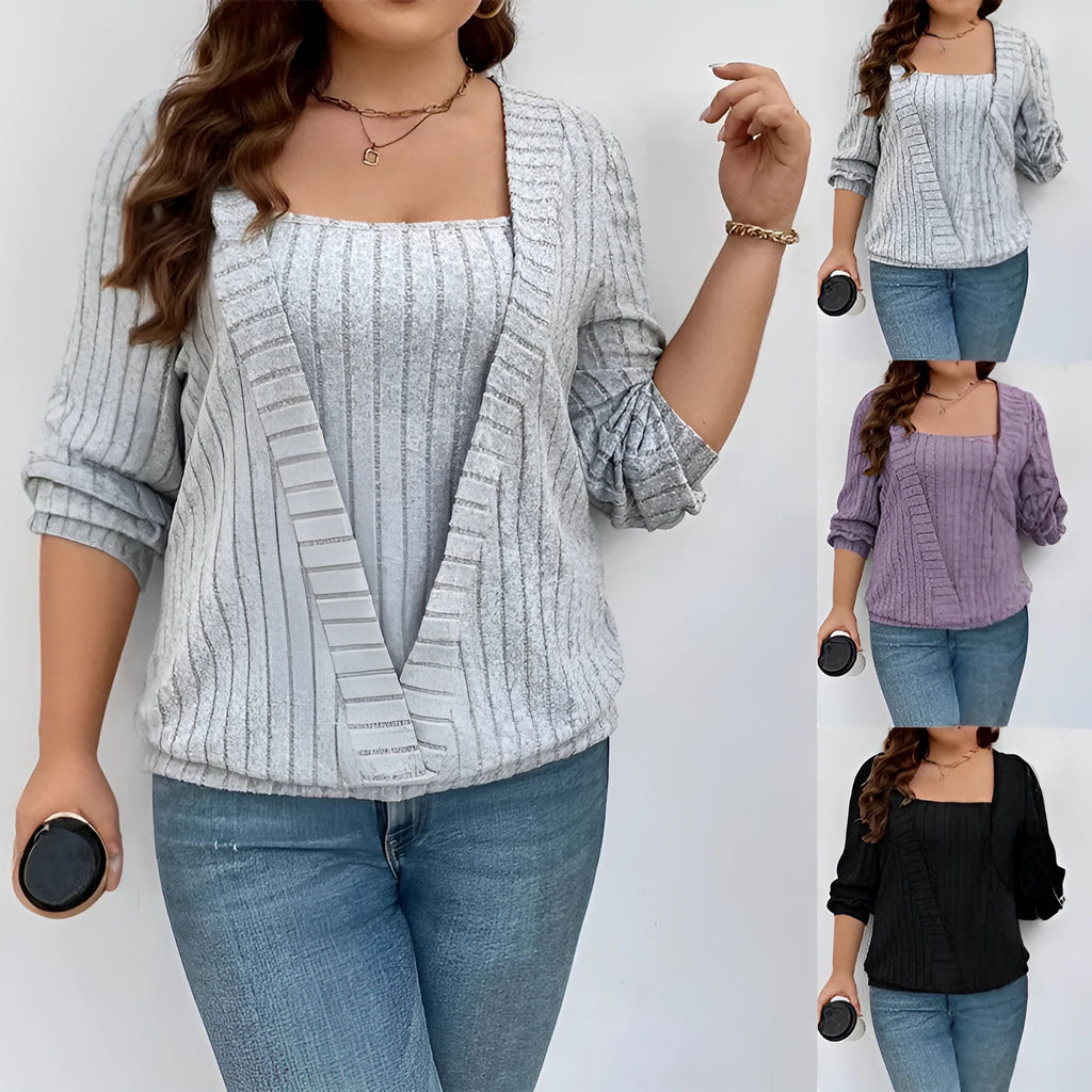 Women's solid color rib fabric V-neck long sleeve false two-piece top in black gray or purple loose fit