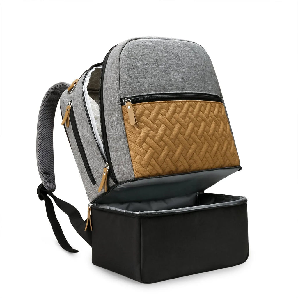 Grey insulated Oxford cloth mother and child travel backpack with curved shoulder straps