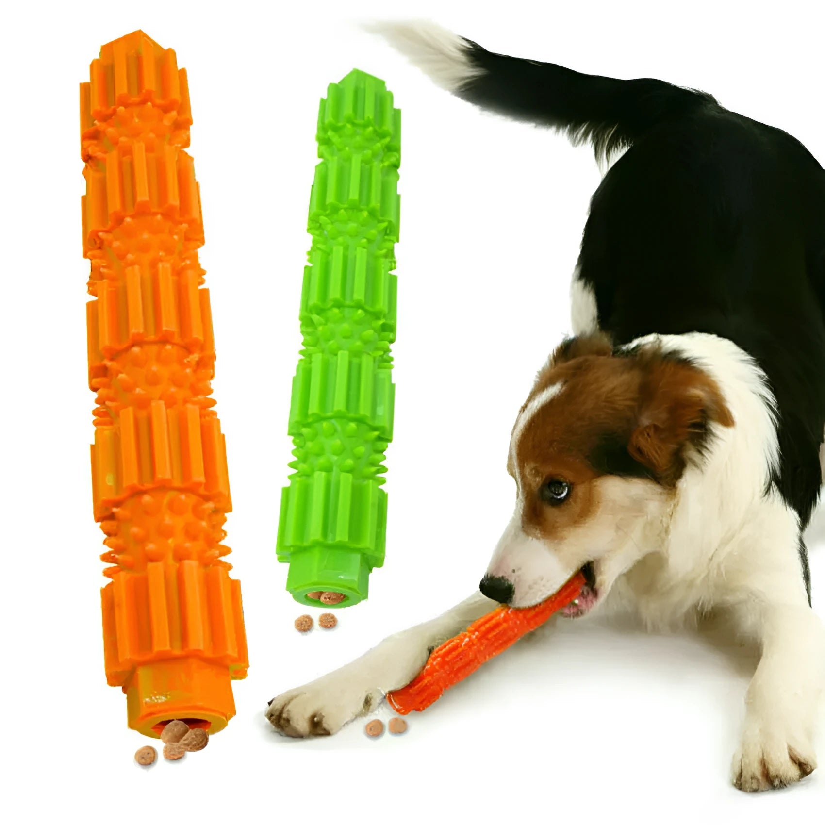 Green and orange durable rubber dog chew toy with textured surface and treat dispensing hole.