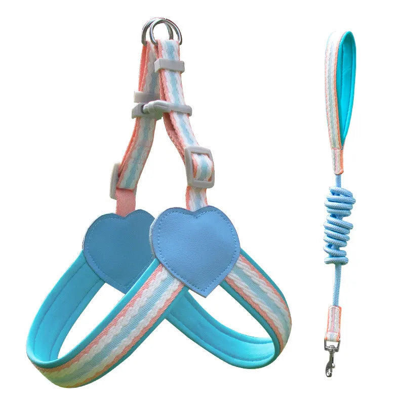 Nylon dog walking vest chest strap with 1.5 metre rope in multiple colour options
