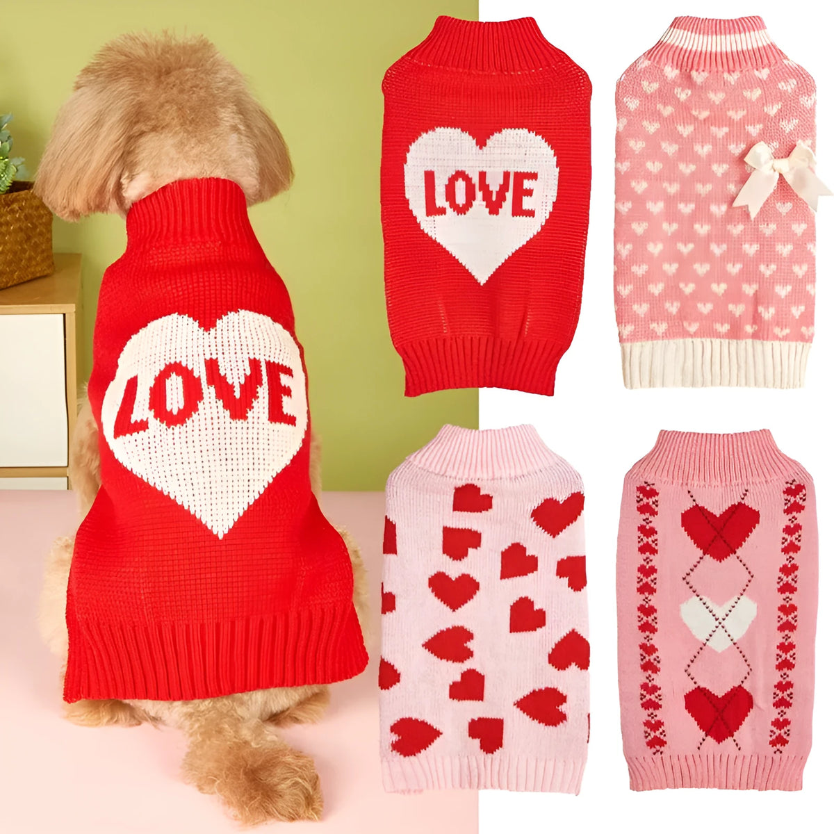 Red dog sweater with love heart design and bow decoration on small dog