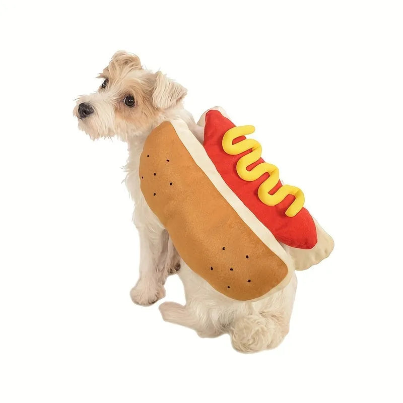 Hot dog costume on small dog with soft plush fabric and adjustable straps
