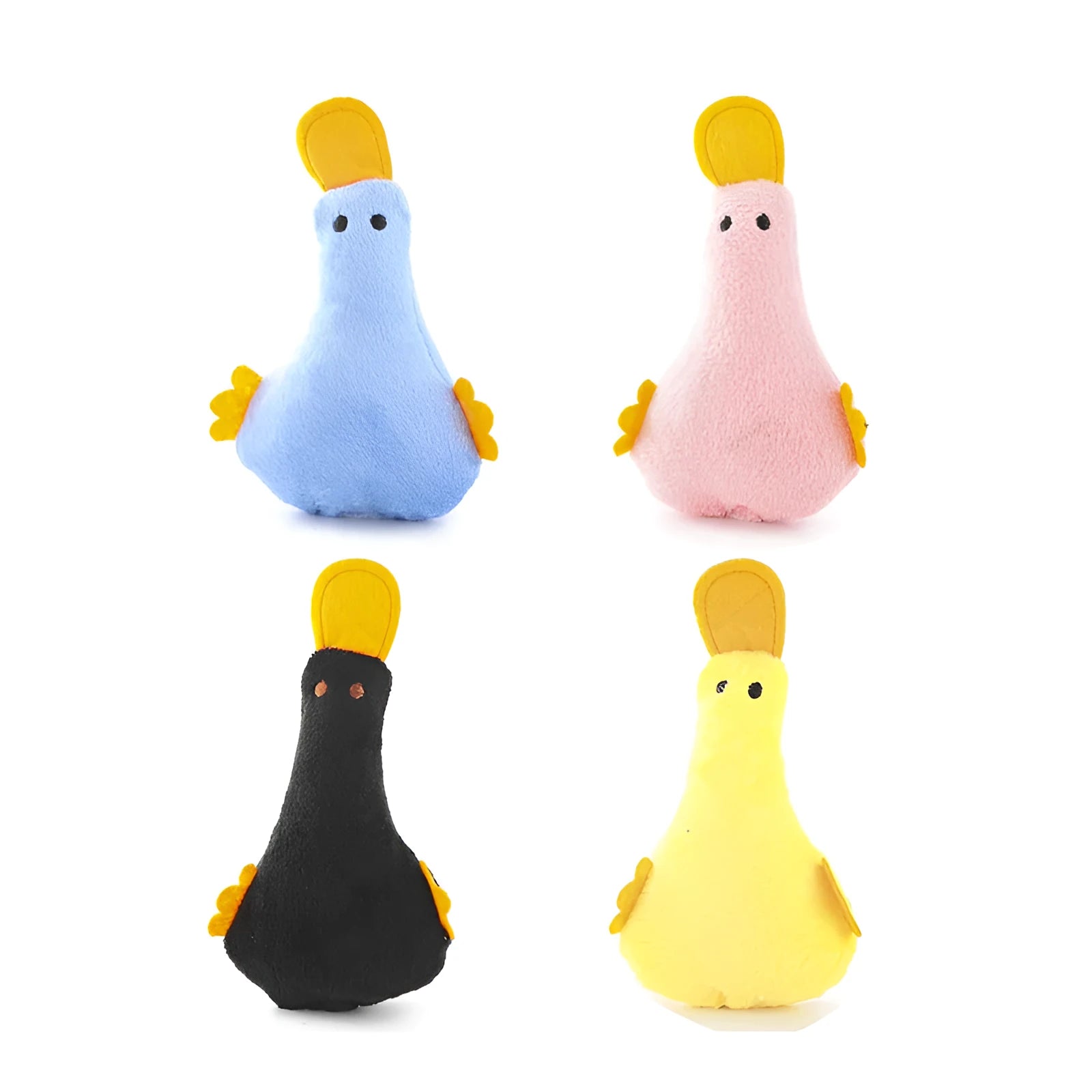 Plush duck pet toy with catnip filling and squeak sound in yellow colour