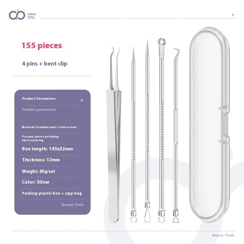 Four silver metal acne needles and a handling clip laid out on a clean surface.