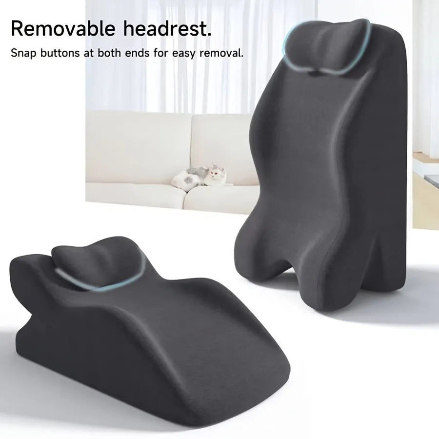 Wedge-shaped stomach sleeper pillow with arm slots shown in light grey colour