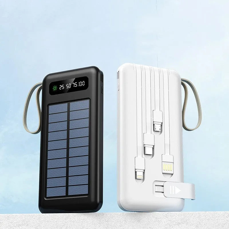 Cool black solar power bank with integrated solar panel showing capacity label and USB port.