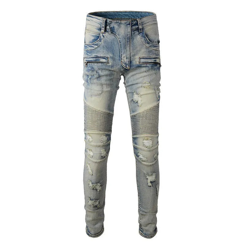 Light blue men's distressed slim fit jeans with hand-frayed details and stretch cotton denim fabric