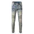 Light blue men's distressed slim fit jeans with hand-frayed details and stretch cotton denim fabric