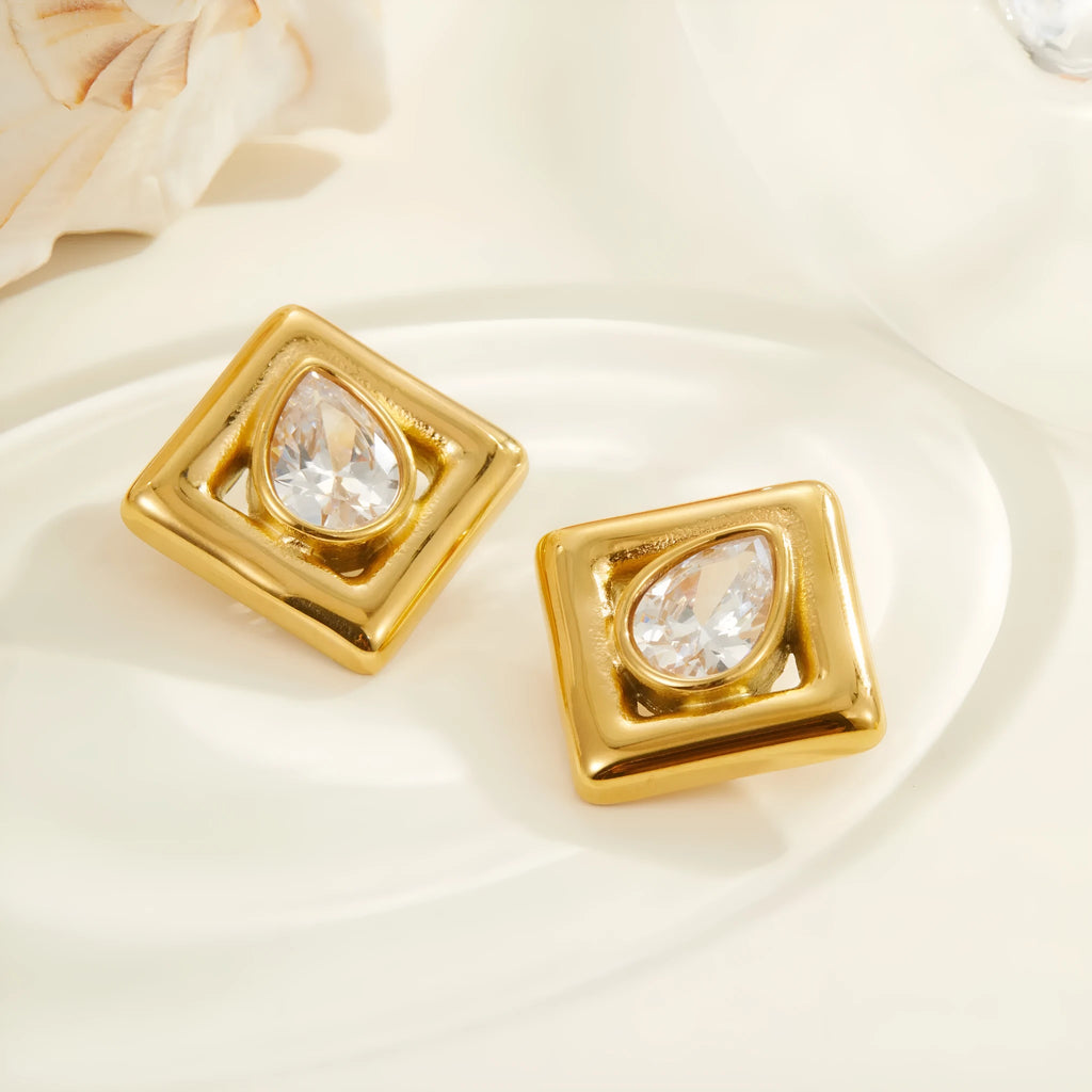 Gold geometric water drop earrings with zircon stones on stainless steel with 18K electroplated finish