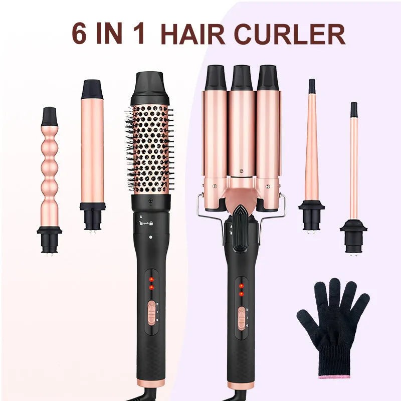 Three-tube water wave hair curler with multiple barrel attachments for styling curly and straight hair