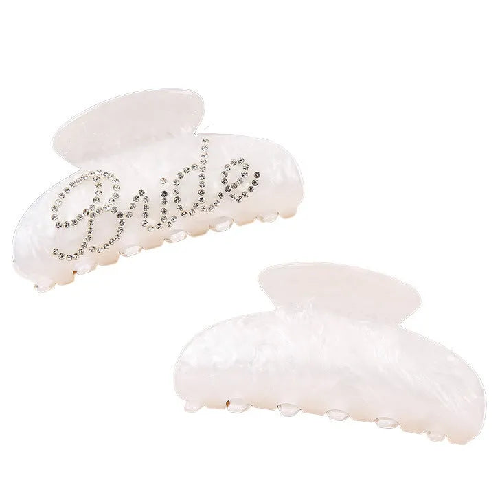 Pink and white 10cm acrylic hair clips with diamond drill decoration and English letters