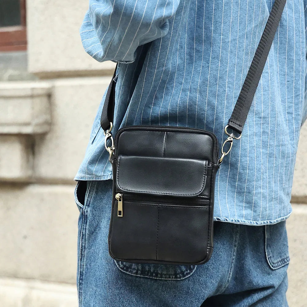Men's brown leather crossbody shoulder bag with sewing line detailing and shoulder strap